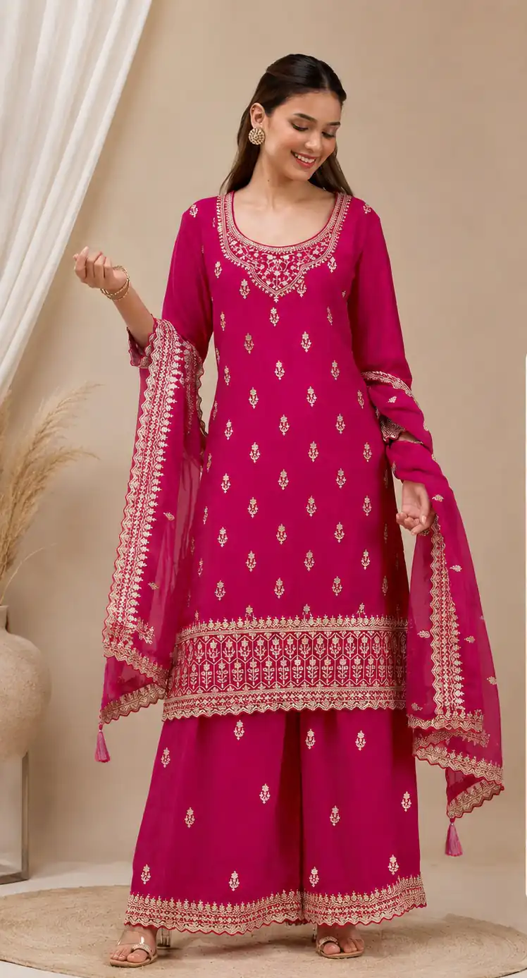 Super Pink Blooming ⁠Georgette Sequins Work Salwar Suit