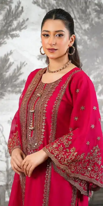 Super Red Fendy Silk Sequins Work Salwar Suit