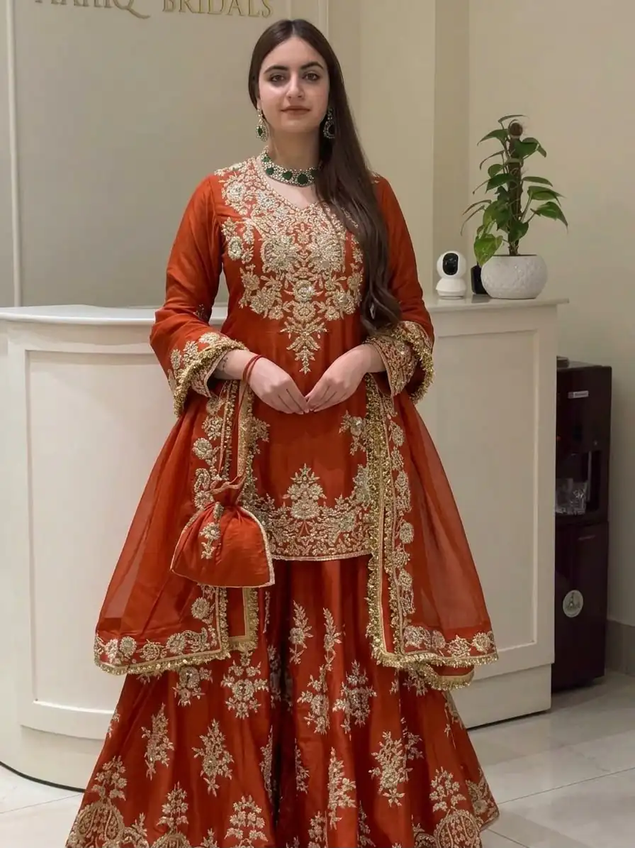 Super Rust Natural Silk Sequins Work Salwar Suit - Image 2