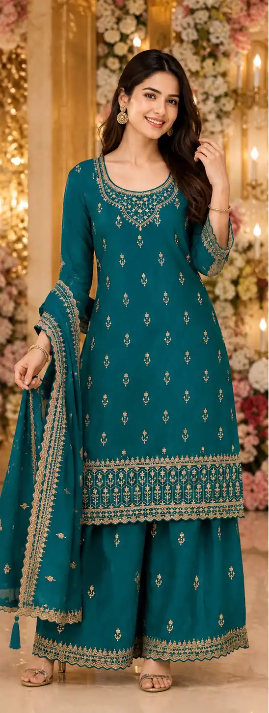 Super Teal Blooming ⁠Georgette Sequins Work Salwar Suit