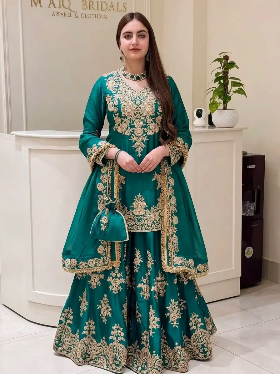 Super Teal Natural Silk Sequins Work Salwar Suit - Image 3