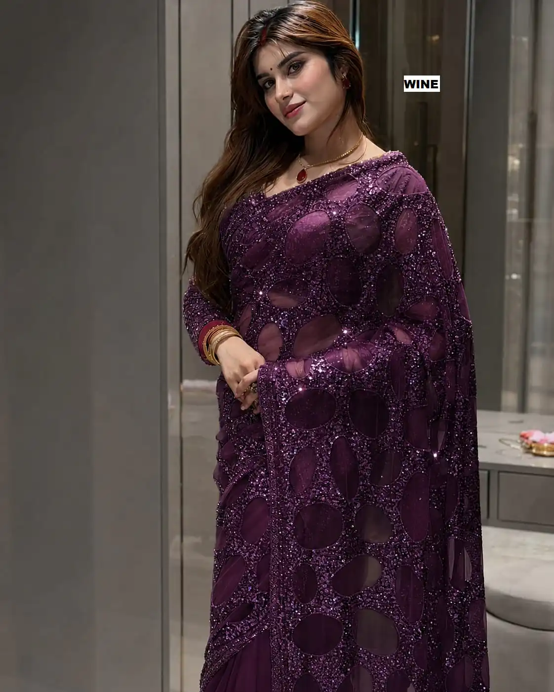 Unique Wine Butterfly Net Sequence Work Saree