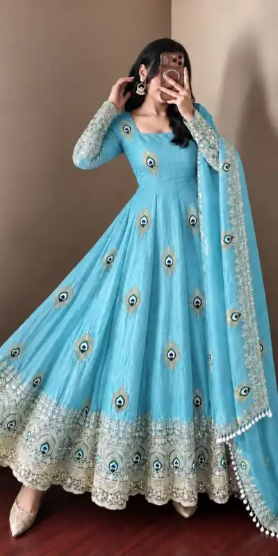 SRK 5372 Blue Fendy Silk Gown with Embroidery Work & Sequins Work. Special Price ₹2799. Delivery 4-6 Working Days. Shop now. | Gowns, Bollywood Gowns, Creative Gowns, Designer Gowns, Embroidered Gowns, Party Wear Gowns