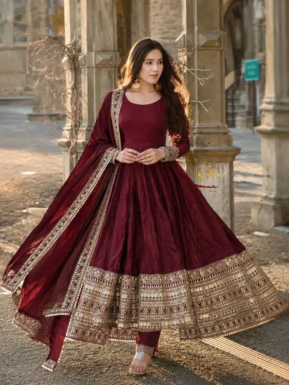 ZB 5068 Maroon Fendy Silk Gown with Embroidery Work & Sequins Work. Special Price ₹23699. Delivery 4-6 Working Days. Shop now. | Gowns, Bollywood Gowns, Creative Gowns, Designer Gowns, Embroidered Gowns, Party Wear Gowns