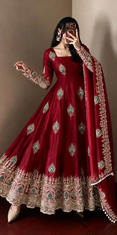 SRK 5372 Maroon Fendy Silk Gown with Embroidery Work & Sequins Work. Special Price ₹2799. Delivery 4-6 Working Days. Shop now. | Gowns, Bollywood Gowns, Creative Gowns, Designer Gowns, Embroidered Gowns, Party Wear Gowns