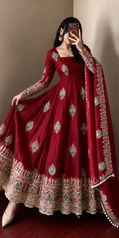 SRK 5372 Maroon Fendy Silk Gown with Embroidery Work & Sequins Work. Special Price ₹2799. Delivery 4-6 Working Days. Shop now. | Gowns, Bollywood Gowns, Creative Gowns, Designer Gowns, Embroidered Gowns, Party Wear Gowns