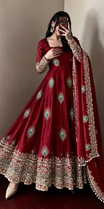 SRK 5372 Maroon Fendy Silk Gown with Embroidery Work & Sequins Work. Special Price ₹2799. Delivery 4-6 Working Days. Shop now. | Gowns, Bollywood Gowns, Creative Gowns, Designer Gowns, Embroidered Gowns, Party Wear Gowns