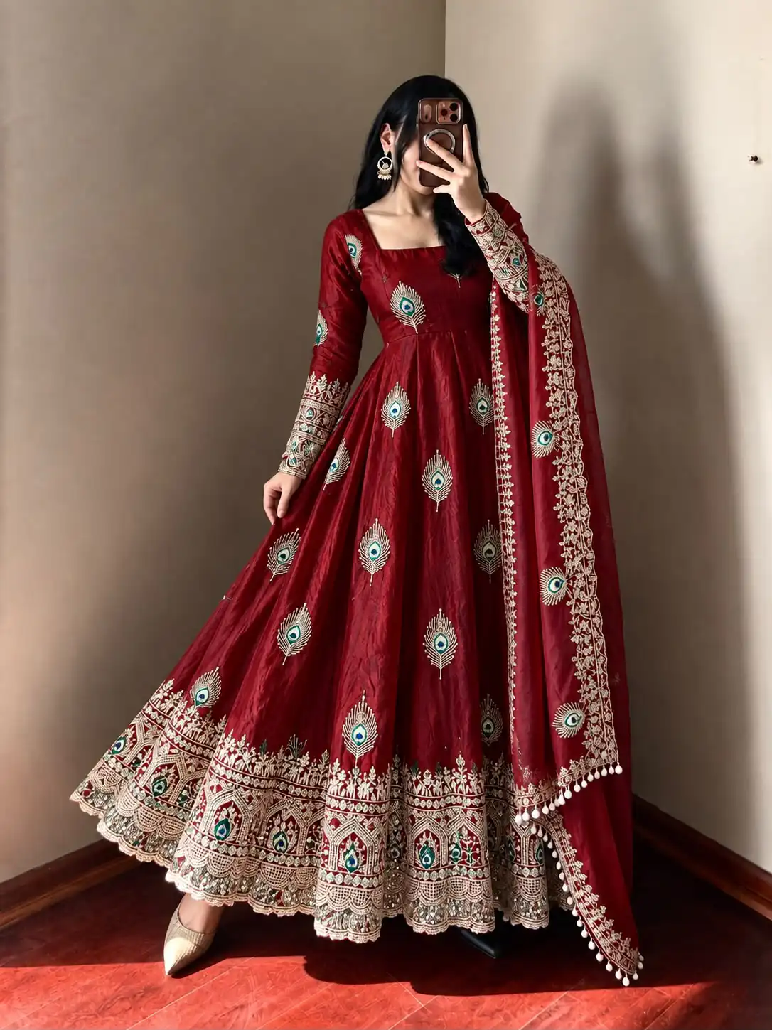 SRK 5372 Maroon Fendy Silk Gown with Embroidery Work & Sequins Work. Special Price ₹2799. Delivery 4-6 Working Days. Shop now. | Gowns, Bollywood Gowns, Creative Gowns, Designer Gowns, Embroidered Gowns, Party Wear Gowns