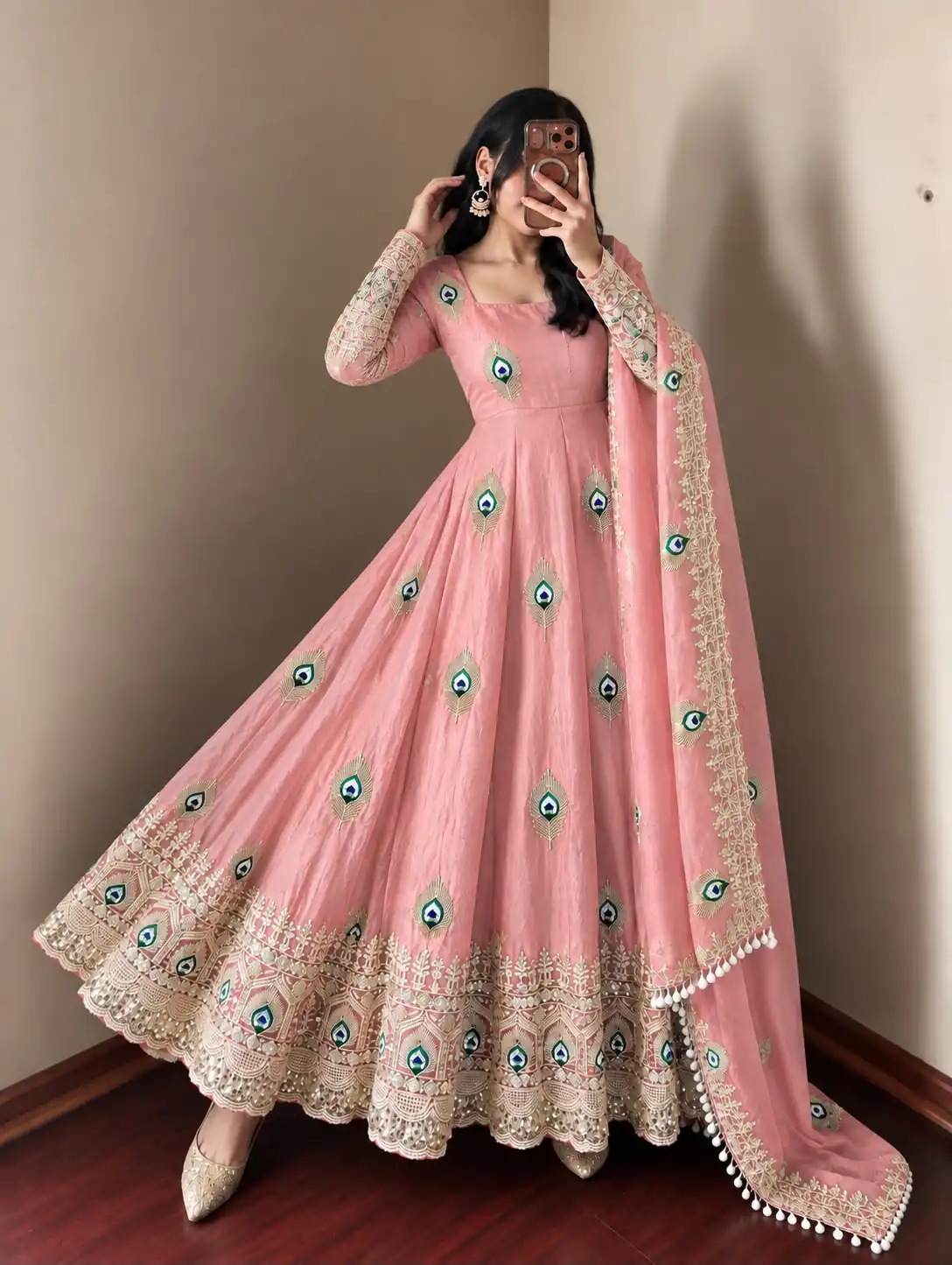 SRK 5372 Peach Fendy Silk Gown with Embroidery Work & Sequins Work. Special Price ₹2799. Delivery 4-6 Working Days. Shop now. | Gowns, Bollywood Gowns, Creative Gowns, Designer Gowns, Embroidered Gowns, Party Wear Gowns