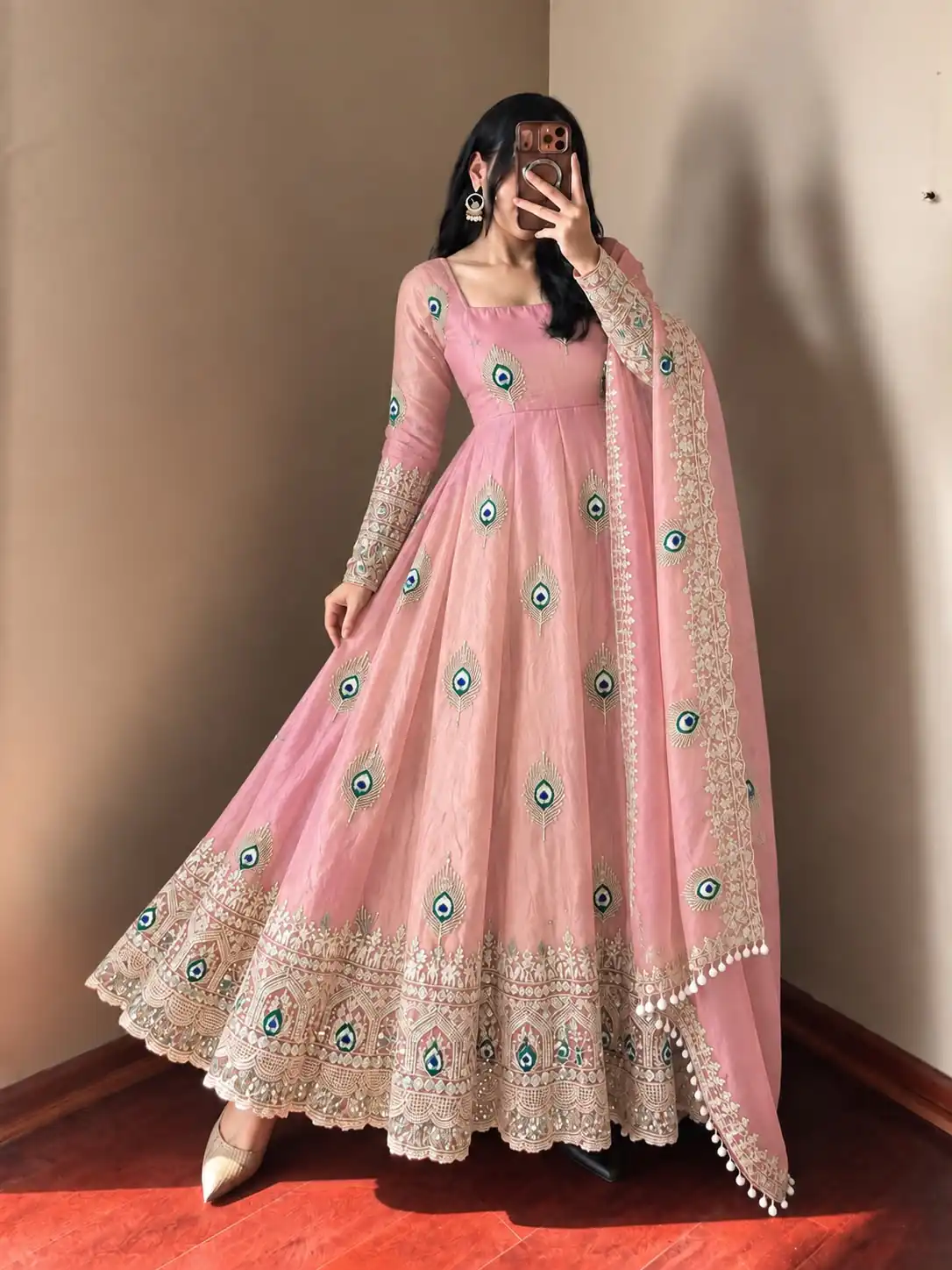 SRK 5372 Peach Fendy Silk Gown with Embroidery Work & Sequins Work. Special Price ₹2799. Delivery 4-6 Working Days. Shop now. | Gowns, Bollywood Gowns, Creative Gowns, Designer Gowns, Embroidered Gowns, Party Wear Gowns
