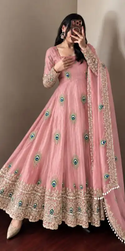SRK 5372 Peach Fendy Silk Gown with Embroidery Work & Sequins Work. Special Price ₹2799. Delivery 4-6 Working Days. Shop now. | Gowns, Bollywood Gowns, Creative Gowns, Designer Gowns, Embroidered Gowns, Party Wear Gowns