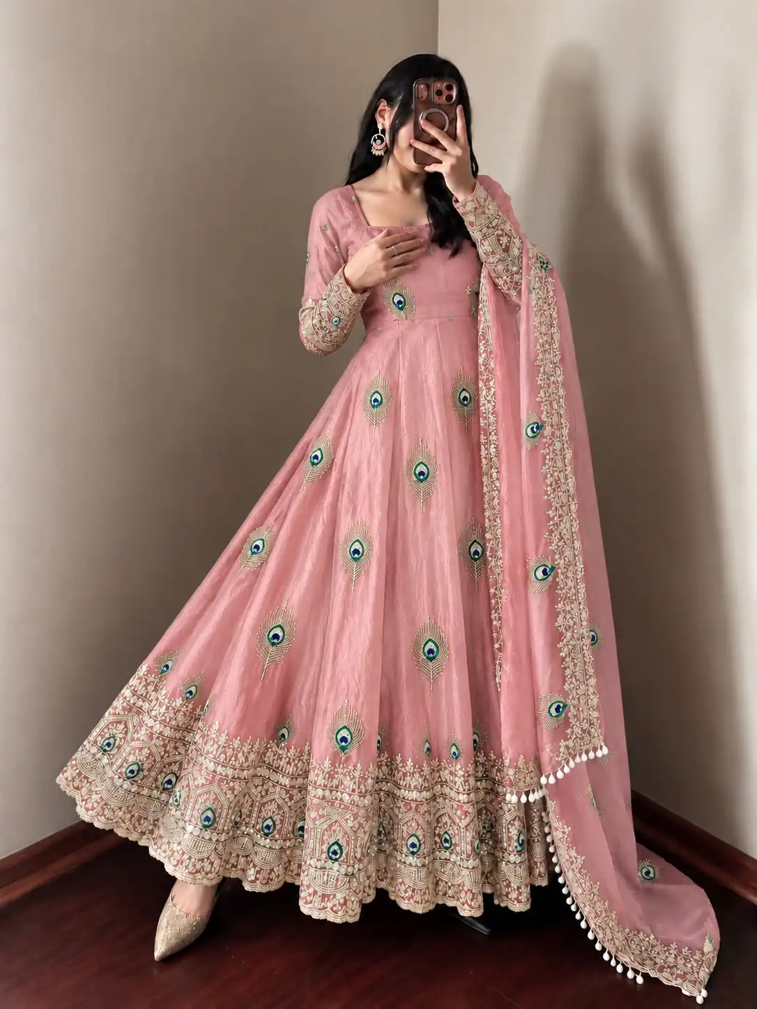 SRK 5372 Peach Fendy Silk Gown with Embroidery Work & Sequins Work. Special Price ₹2799. Delivery 4-6 Working Days. Shop now. | Gowns, Bollywood Gowns, Creative Gowns, Designer Gowns, Embroidered Gowns, Party Wear Gowns