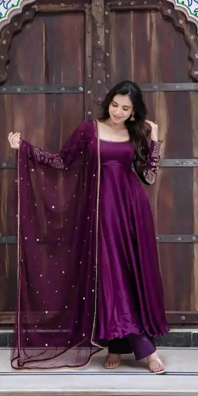 SRK 5373 Purple Upada Silk Gown Perfect for Wedding, Party, Onam, Housewarming, Durga Puja –. Grab it for ₹2199. Delivery 4-6 Working Days. Shop now. | Gowns, Bollywood Gowns, Creative Gowns, Designer Gowns, Embroidered Gowns, Party Wear Gowns