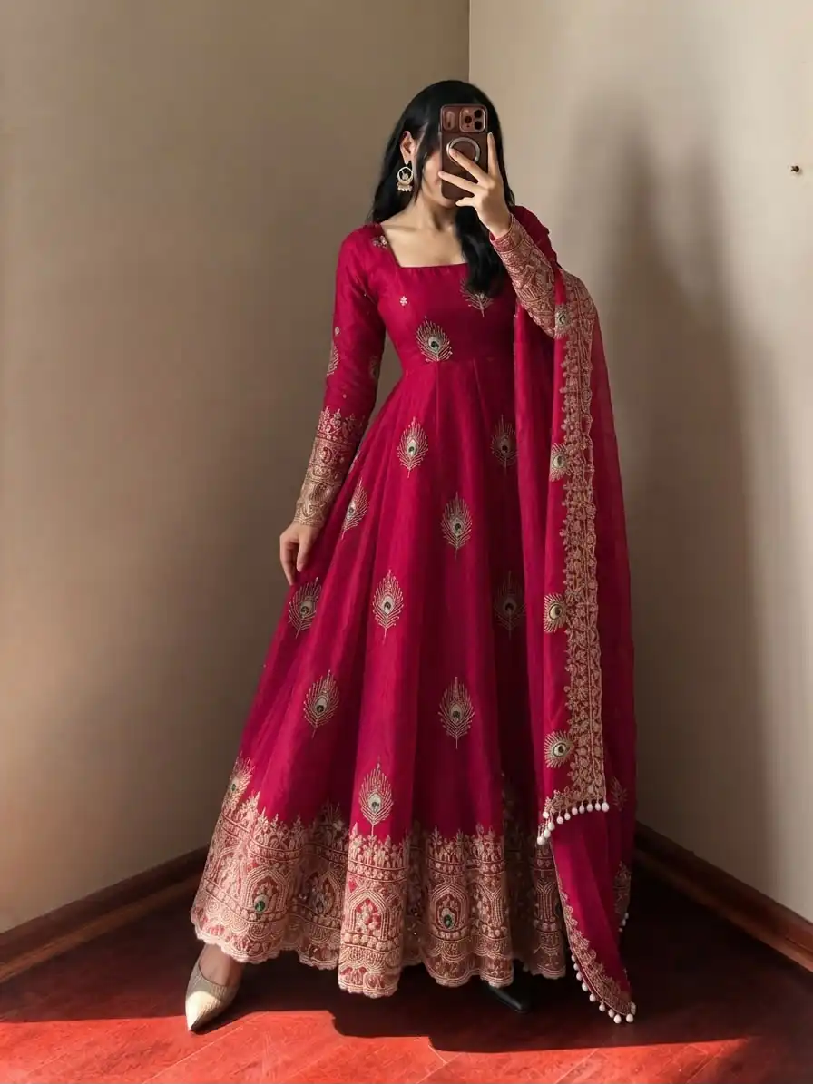 SRK 5372 Red Fendy Silk Gown with Embroidery Work & Sequins Work. Special Price ₹2799. Delivery 4-6 Working Days. Shop now. | Gowns, Bollywood Gowns, Creative Gowns, Designer Gowns, Embroidered Gowns, Party Wear Gowns
