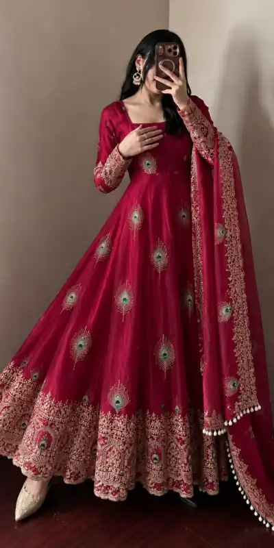 SRK 5372 Red Fendy Silk Gown with Embroidery Work & Sequins Work. Special Price ₹2799. Delivery 4-6 Working Days. Shop now. | Gowns, Bollywood Gowns, Creative Gowns, Designer Gowns, Embroidered Gowns, Party Wear Gowns