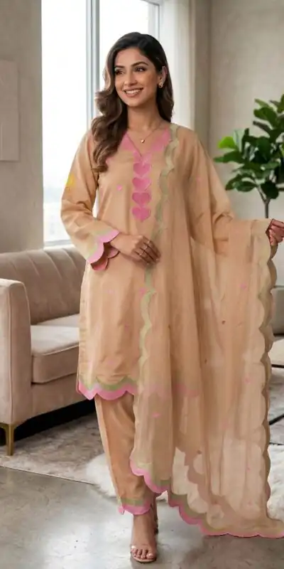 BE 490 Chiku Mul Chanderi Salwar Suit with Embroidery Work & Sequins Work. Festive Deal ₹2399. Delivery 4-6 Working Days. Shop nowp | Jump Suits, Salwar suit, Casual Suits, Creative suits, Designer Suits, Palazzo Suits, Party Wear Suits, Patiala Suits, Straight Suits