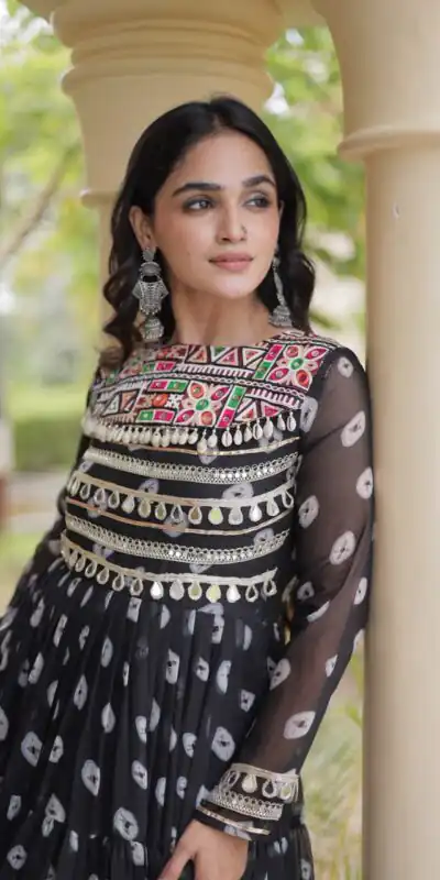 KA 1277 Black in Colour Faux Georgette Bandhani Print Work Gown. Available at ₹2119 only. Delivery 4-6 Working Days. Shop now. | Gowns, Bollywood Gowns, Creative Gowns, Designer Gowns, Embroidered Gowns, Party Wear Gowns