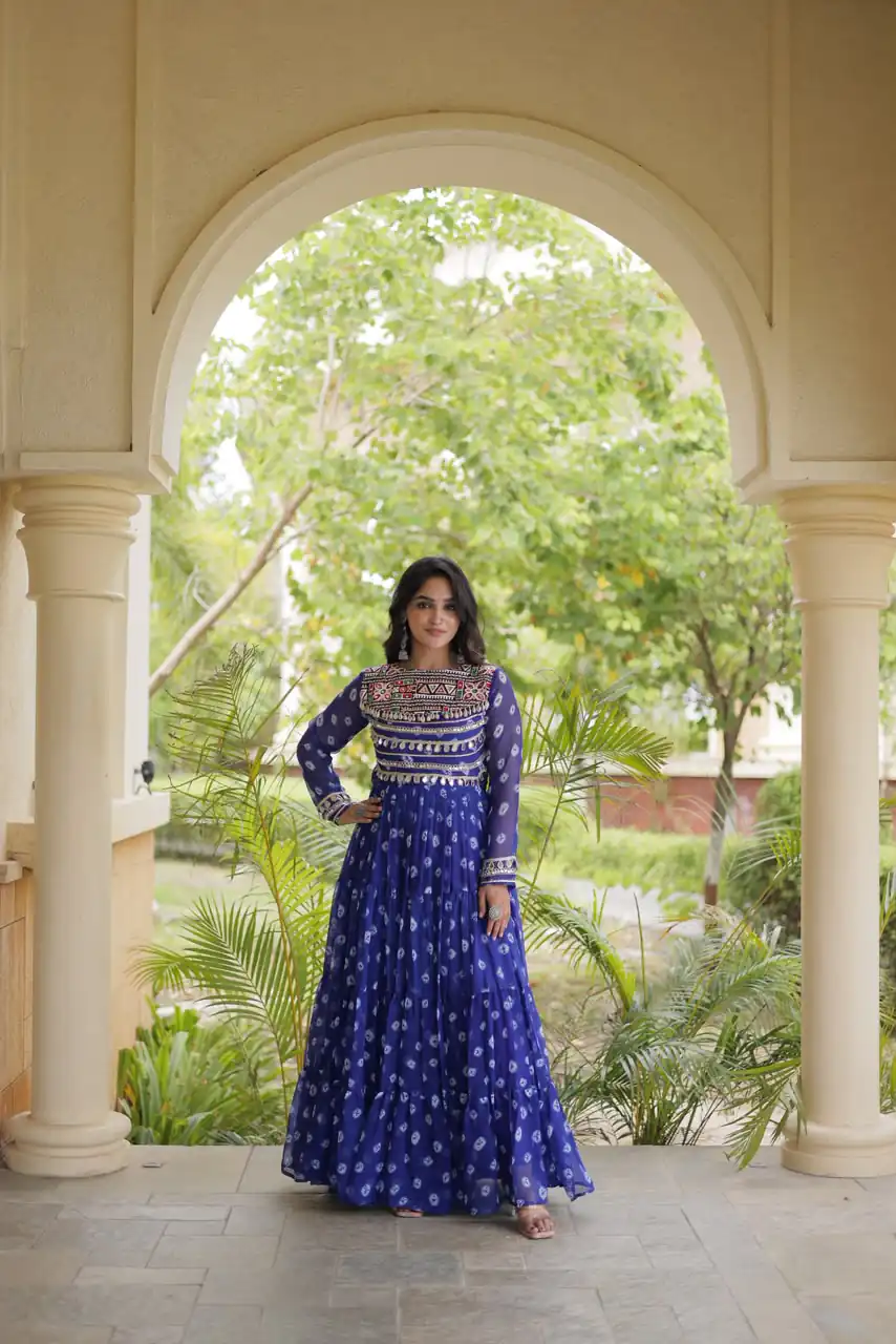KA 1277 Blue in Colour Faux Georgette Bandhani Print Work Gown. Available at ₹2119 only. Delivery 4-6 Working Days. Shop now. | Gowns, Bollywood Gowns, Creative Gowns, Designer Gowns, Embroidered Gowns, Party Wear Gowns