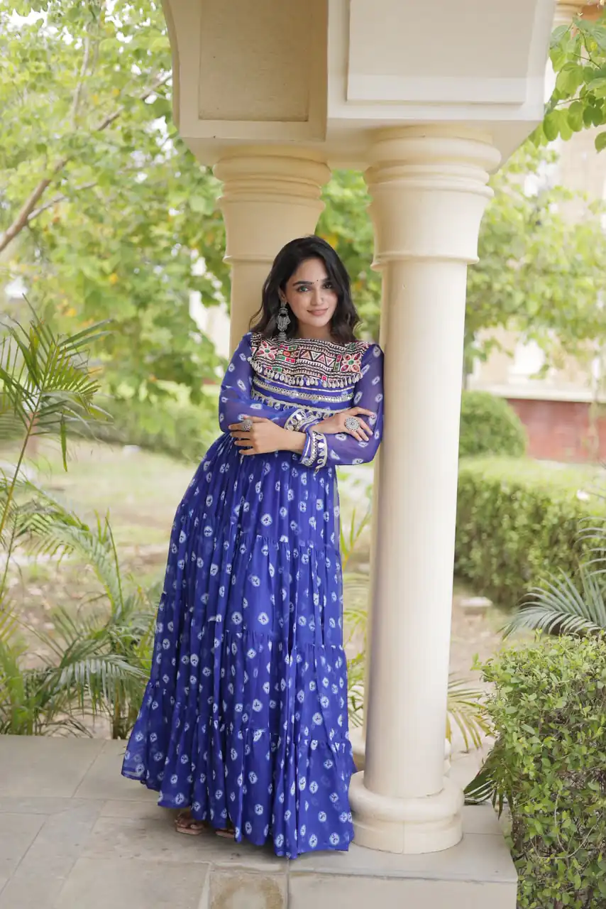 KA 1277 Blue in Colour Faux Georgette Bandhani Print Work Gown. Available at ₹2119 only. Delivery 4-6 Working Days. Shop now. | Gowns, Bollywood Gowns, Creative Gowns, Designer Gowns, Embroidered Gowns, Party Wear Gowns