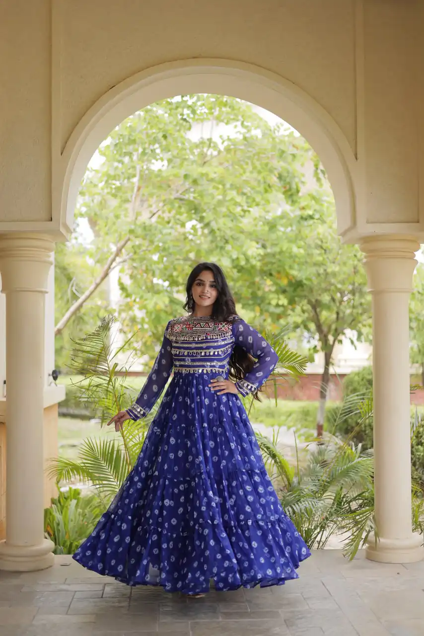 KA 1277 Blue in Colour Faux Georgette Bandhani Print Work Gown. Available at ₹2119 only. Delivery 4-6 Working Days. Shop now. | Gowns, Bollywood Gowns, Creative Gowns, Designer Gowns, Embroidered Gowns, Party Wear Gowns
