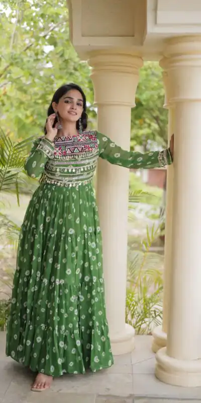 KA 1277 Green in Colour Faux Georgette Bandhani Print Work Gown. Available at ₹2119 only. Delivery 4-6 Working Days. Shop now. | Gowns, Bollywood Gowns, Creative Gowns, Designer Gowns, Embroidered Gowns, Party Wear Gowns