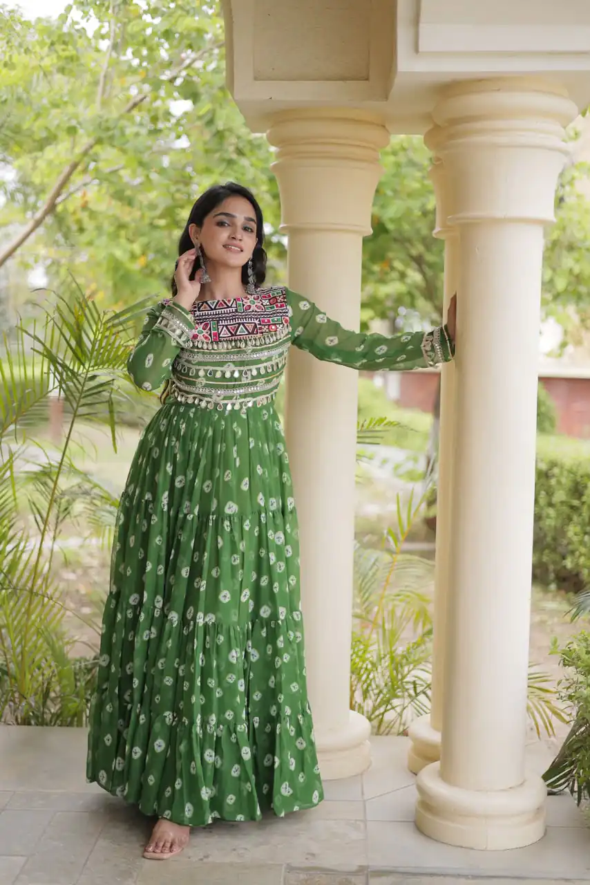 KA 1277 Green in Colour Faux Georgette Bandhani Print Work Gown. Available at ₹2119 only. Delivery 4-6 Working Days. Shop now. | Gowns, Bollywood Gowns, Creative Gowns, Designer Gowns, Embroidered Gowns, Party Wear Gowns