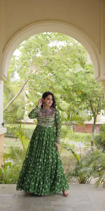 KA 1277 Green in Colour Faux Georgette Bandhani Print Work Gown. Available at ₹2119 only. Delivery 4-6 Working Days. Shop now. | Gowns, Bollywood Gowns, Creative Gowns, Designer Gowns, Embroidered Gowns, Party Wear Gowns