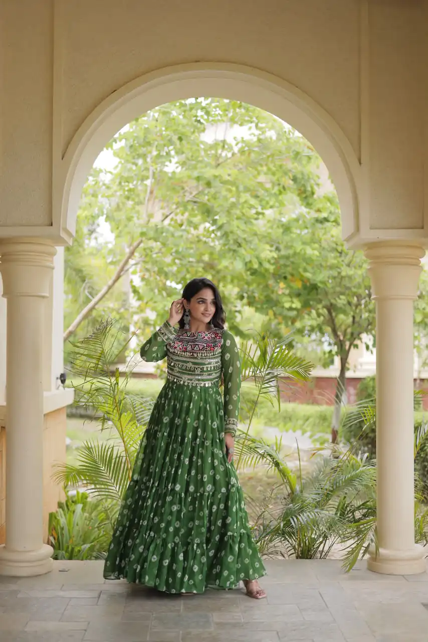 KA 1277 Green in Colour Faux Georgette Bandhani Print Work Gown. Available at ₹2119 only. Delivery 4-6 Working Days. Shop now. | Gowns, Bollywood Gowns, Creative Gowns, Designer Gowns, Embroidered Gowns, Party Wear Gowns