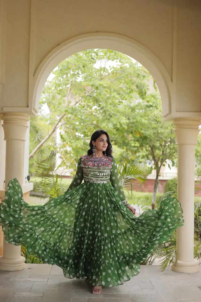KA 1277 Green in Colour Faux Georgette Bandhani Print Work Gown. Available at ₹2119 only. Delivery 4-6 Working Days. Shop now. | Gowns, Bollywood Gowns, Creative Gowns, Designer Gowns, Embroidered Gowns, Party Wear Gowns