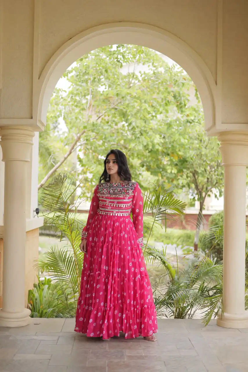 KA 1277 Pink in Colour Faux Georgette Bandhani Print Work Gown. Available at ₹2119 only. Delivery 4-6 Working Days. Shop now. | Gowns, Bollywood Gowns, Creative Gowns, Designer Gowns, Embroidered Gowns, Party Wear Gowns