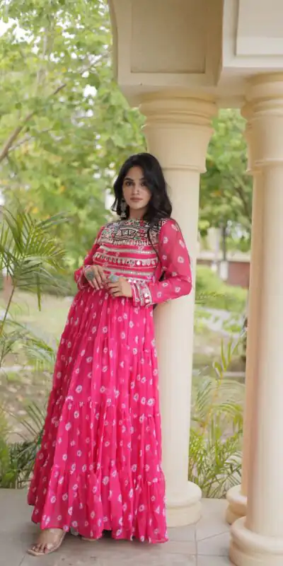 KA 1277 Pink in Colour Faux Georgette Bandhani Print Work Gown. Available at ₹2119 only. Delivery 4-6 Working Days. Shop now. | Gowns, Bollywood Gowns, Creative Gowns, Designer Gowns, Embroidered Gowns, Party Wear Gowns
