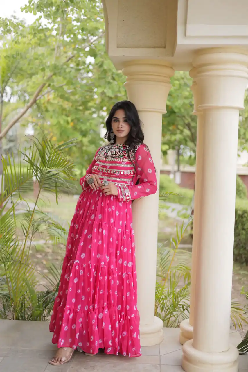 KA 1277 Pink in Colour Faux Georgette Bandhani Print Work Gown. Available at ₹2119 only. Delivery 4-6 Working Days. Shop now. | Gowns, Bollywood Gowns, Creative Gowns, Designer Gowns, Embroidered Gowns, Party Wear Gowns
