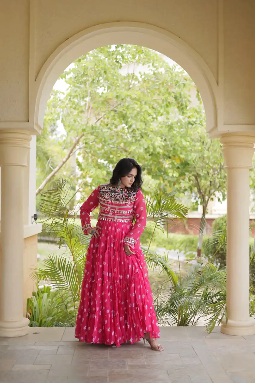 KA 1277 Pink in Colour Faux Georgette Bandhani Print Work Gown. Available at ₹2119 only. Delivery 4-6 Working Days. Shop now. | Gowns, Bollywood Gowns, Creative Gowns, Designer Gowns, Embroidered Gowns, Party Wear Gowns