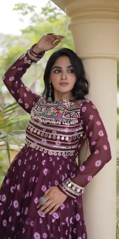 KA 1277 Wine in Colour Faux Georgette Bandhani Print Work Gown. Available at ₹2119 only. Delivery 4-6 Working Days. Shop now. | Gowns, Bollywood Gowns, Creative Gowns, Designer Gowns, Embroidered Gowns, Party Wear Gowns
