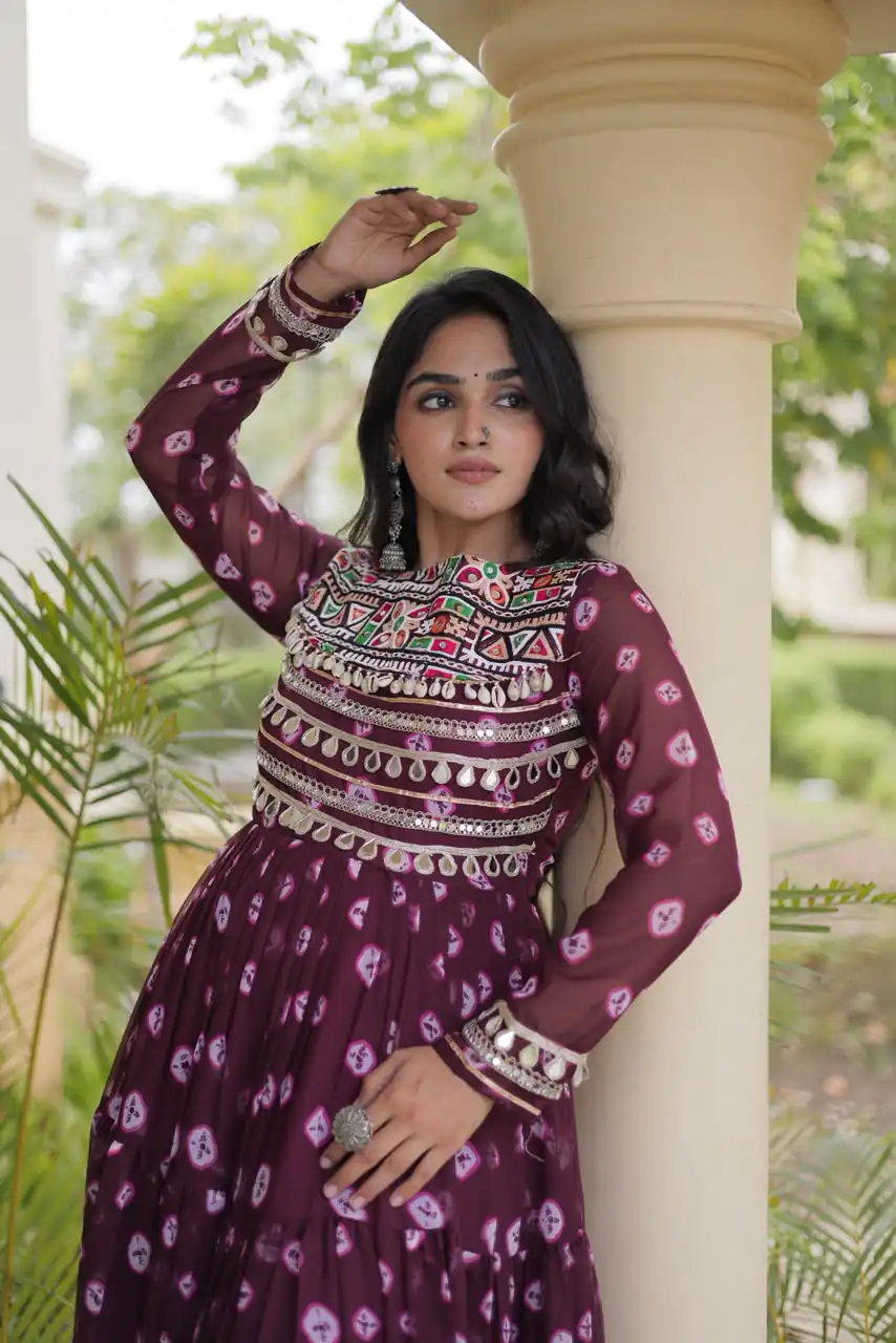 KA 1277 Wine in Colour Faux Georgette Bandhani Print Work Gown. Available at ₹2119 only. Delivery 4-6 Working Days. Shop now. | Gowns, Bollywood Gowns, Creative Gowns, Designer Gowns, Embroidered Gowns, Party Wear Gowns