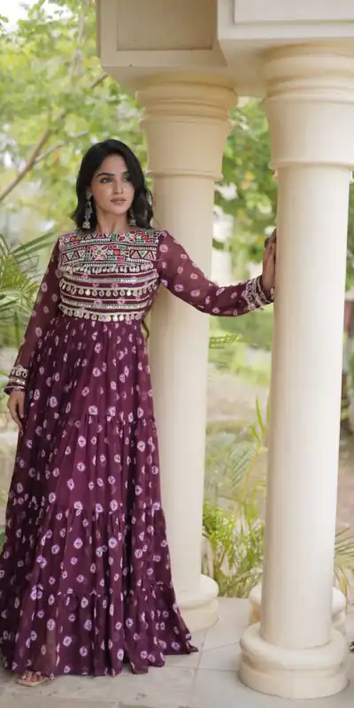 KA 1277 Wine in Colour Faux Georgette Bandhani Print Work Gown. Available at ₹2119 only. Delivery 4-6 Working Days. Shop now. | Gowns, Bollywood Gowns, Creative Gowns, Designer Gowns, Embroidered Gowns, Party Wear Gowns