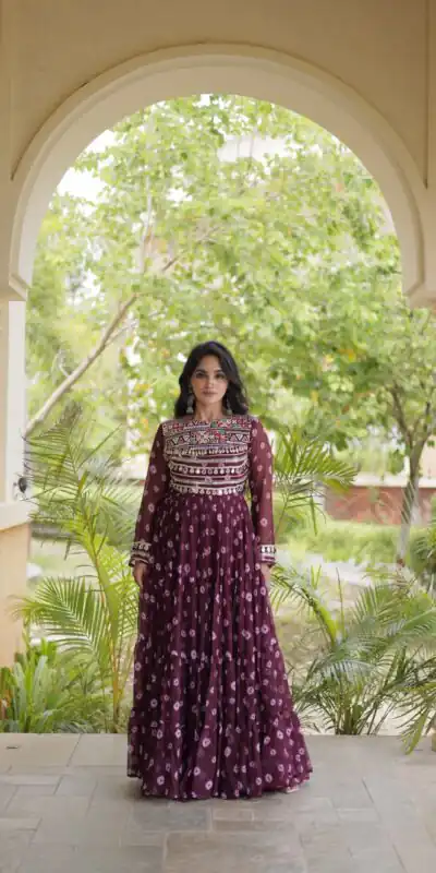 KA 1277 Wine in Colour Faux Georgette Bandhani Print Work Gown. Available at ₹2119 only. Delivery 4-6 Working Days. Shop now. | Gowns, Bollywood Gowns, Creative Gowns, Designer Gowns, Embroidered Gowns, Party Wear Gowns