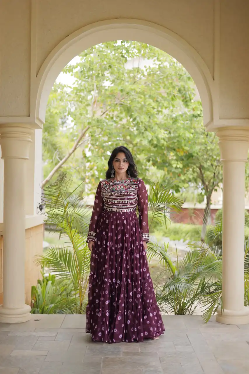 KA 1277 Wine in Colour Faux Georgette Bandhani Print Work Gown. Available at ₹2119 only. Delivery 4-6 Working Days. Shop now. | Gowns, Bollywood Gowns, Creative Gowns, Designer Gowns, Embroidered Gowns, Party Wear Gowns
