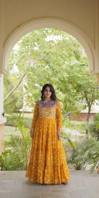 KA 1277 Yellow in Colour Faux Georgette Bandhani Print Work Gown. Available at ₹2119 only. Delivery 4-6 Working Days. Shop now. | Gowns, Bollywood Gowns, Creative Gowns, Designer Gowns, Embroidered Gowns, Party Wear Gowns