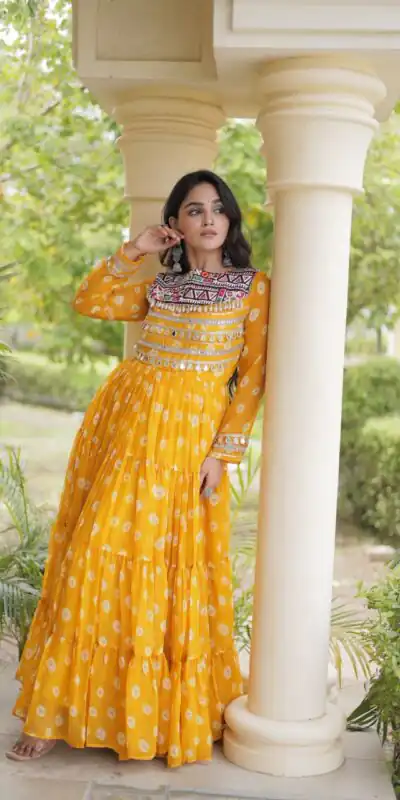 KA 1277 Yellow in Colour Faux Georgette Bandhani Print Work Gown. Available at ₹2119 only. Delivery 4-6 Working Days. Shop now. | Gowns, Bollywood Gowns, Creative Gowns, Designer Gowns, Embroidered Gowns, Party Wear Gowns