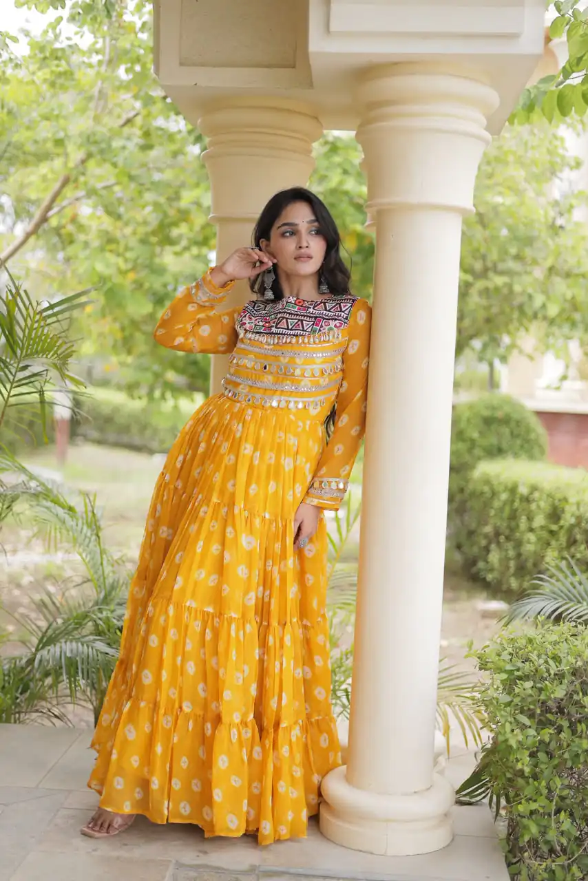 KA 1277 Yellow in Colour Faux Georgette Bandhani Print Work Gown. Available at ₹2119 only. Delivery 4-6 Working Days. Shop now. | Gowns, Bollywood Gowns, Creative Gowns, Designer Gowns, Embroidered Gowns, Party Wear Gowns