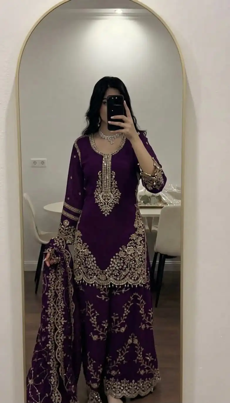 ZSR 3187 Purple Faux Georgette Salwar Suit with Mirror Work & Embroidery Work. Get it for ₹2349. Delivery 4-6 Working Days. Shop now. | Jump Suits, Salwar suit, Casual Suits, Creative suits, Designer Suits, Palazzo Suits, Party Wear Suits, Patiala Suits, Straight Suits
