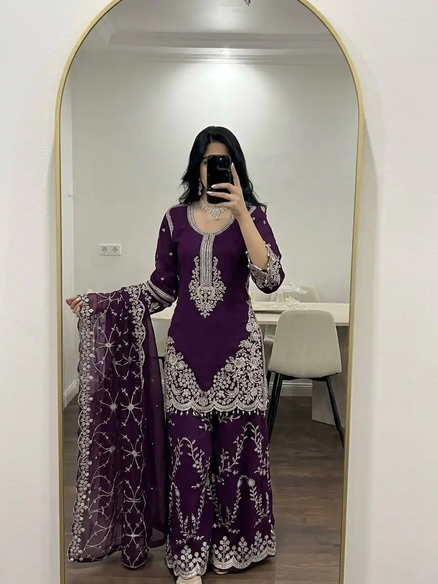 ZSR 3187 Purple Faux Georgette Salwar Suit with Mirror Work & Embroidery Work. Get it for ₹2349. Delivery 4-6 Working Days. Shop now. | Jump Suits, Salwar suit, Casual Suits, Creative suits, Designer Suits, Palazzo Suits, Party Wear Suits, Patiala Suits, Straight Suits