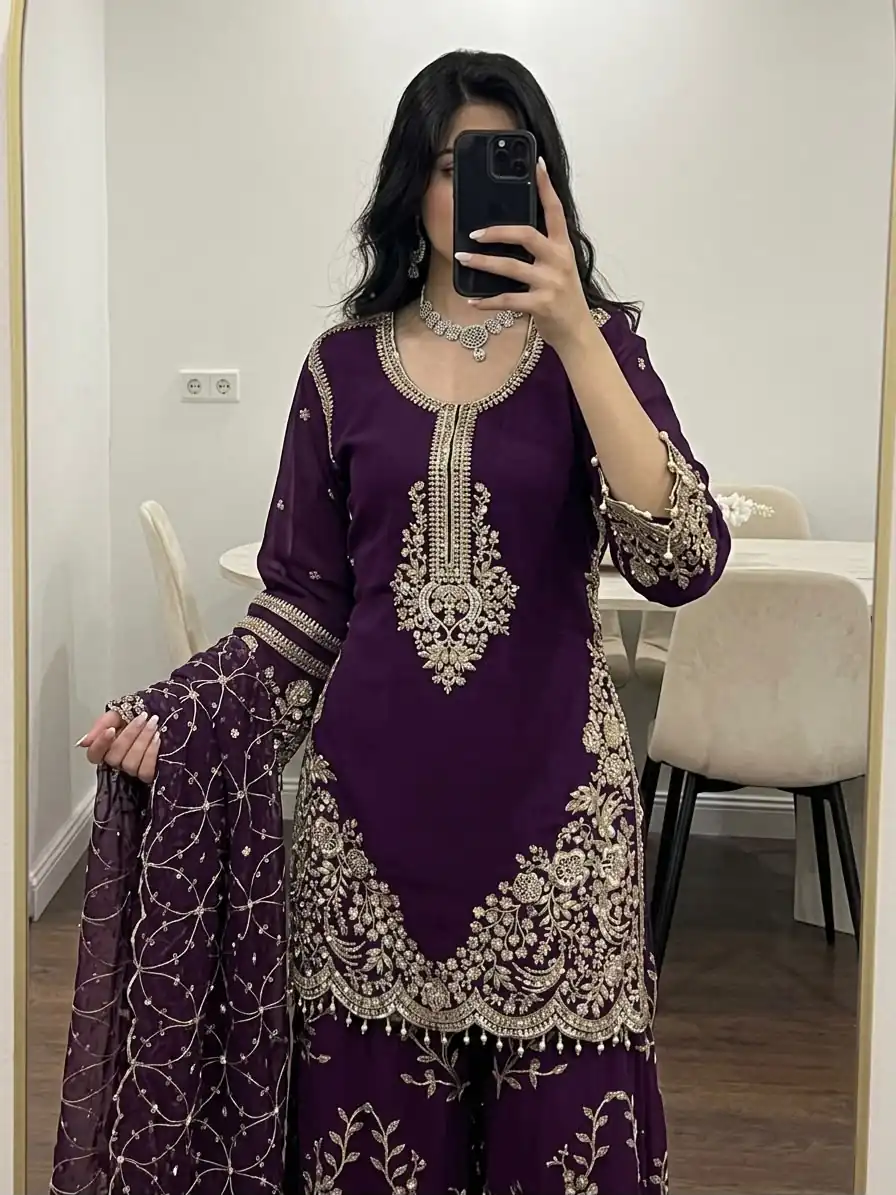 ZSR 3187 Purple Faux Georgette Salwar Suit with Mirror Work & Embroidery Work. Get it for ₹2349. Delivery 4-6 Working Days. Shop now. | Jump Suits, Salwar suit, Casual Suits, Creative suits, Designer Suits, Palazzo Suits, Party Wear Suits, Patiala Suits, Straight Suits