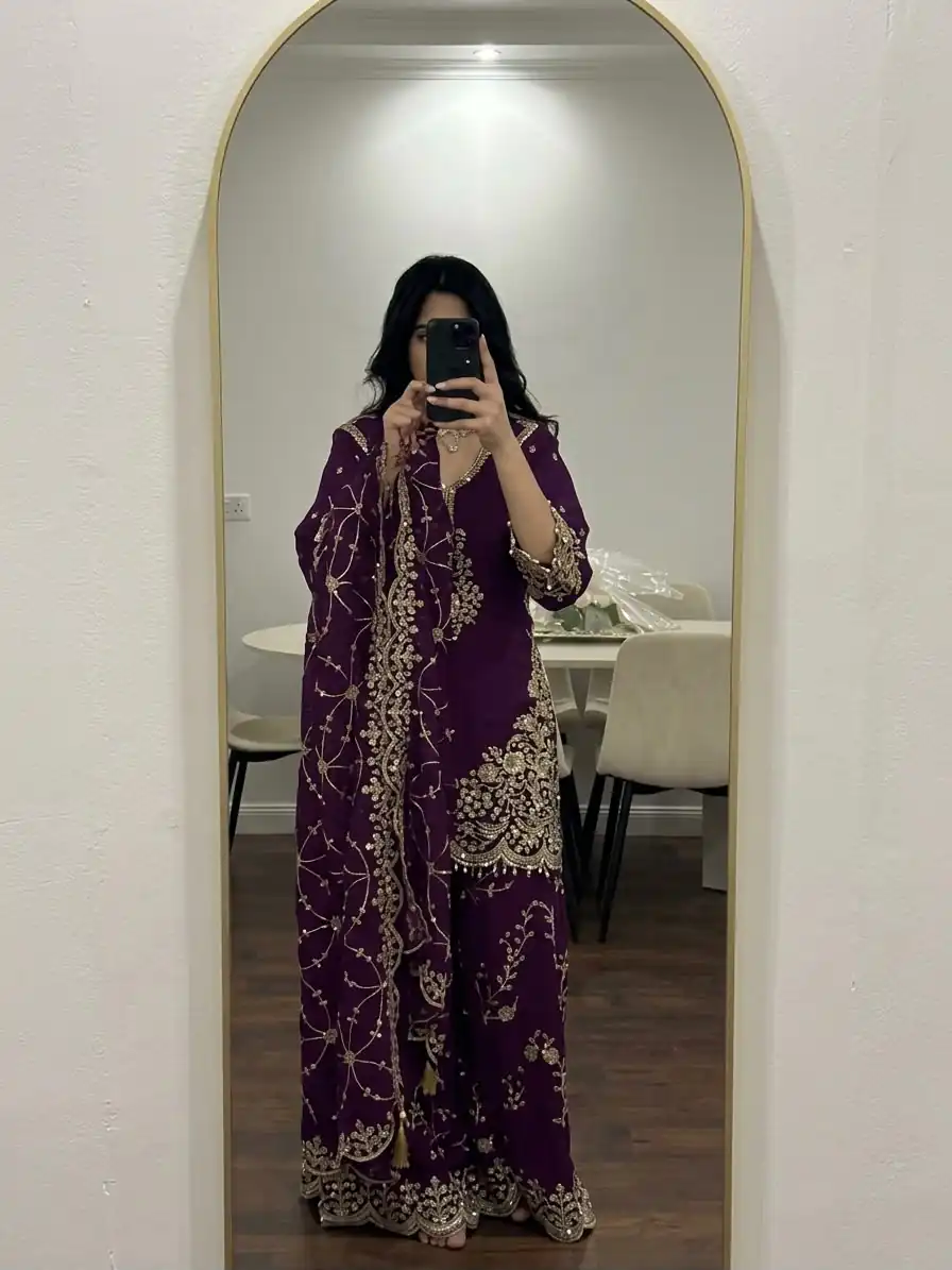 ZSR 3187 Purple Faux Georgette Salwar Suit with Mirror Work & Embroidery Work. Get it for ₹2349. Delivery 4-6 Working Days. Shop now. | Jump Suits, Salwar suit, Casual Suits, Creative suits, Designer Suits, Palazzo Suits, Party Wear Suits, Patiala Suits, Straight Suits