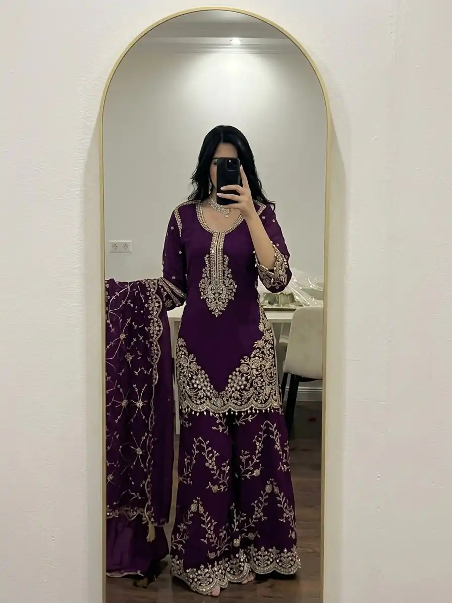 ZSR 3187 Purple Faux Georgette Salwar Suit with Mirror Work & Embroidery Work. Get it for ₹2349. Delivery 4-6 Working Days. Shop now. | Jump Suits, Salwar suit, Casual Suits, Creative suits, Designer Suits, Palazzo Suits, Party Wear Suits, Patiala Suits, Straight Suits