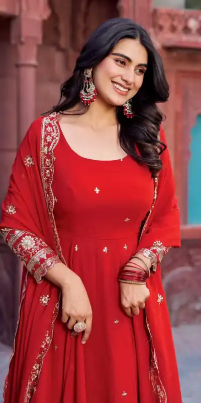 SP 23 Red Faux Georgette Gown with Mirror Work & Embroidery Work. Get it for ₹2299. Delivery 4-6 Working Days. Online Shop now. | Gowns, Bollywood Gowns, Creative Gowns, Designer Gowns, Embroidered Gowns, Party Wear Gowns