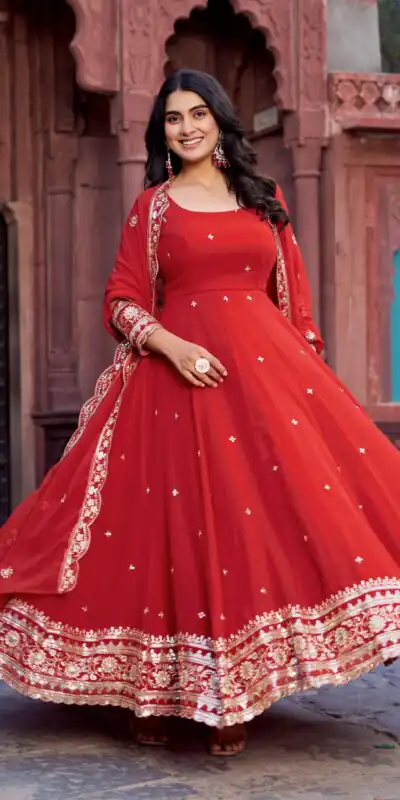 SP 23 Red Faux Georgette Gown with Mirror Work & Embroidery Work. Get it for ₹2299. Delivery 4-6 Working Days. Online Shop now. | Gowns, Bollywood Gowns, Creative Gowns, Designer Gowns, Embroidered Gowns, Party Wear Gowns