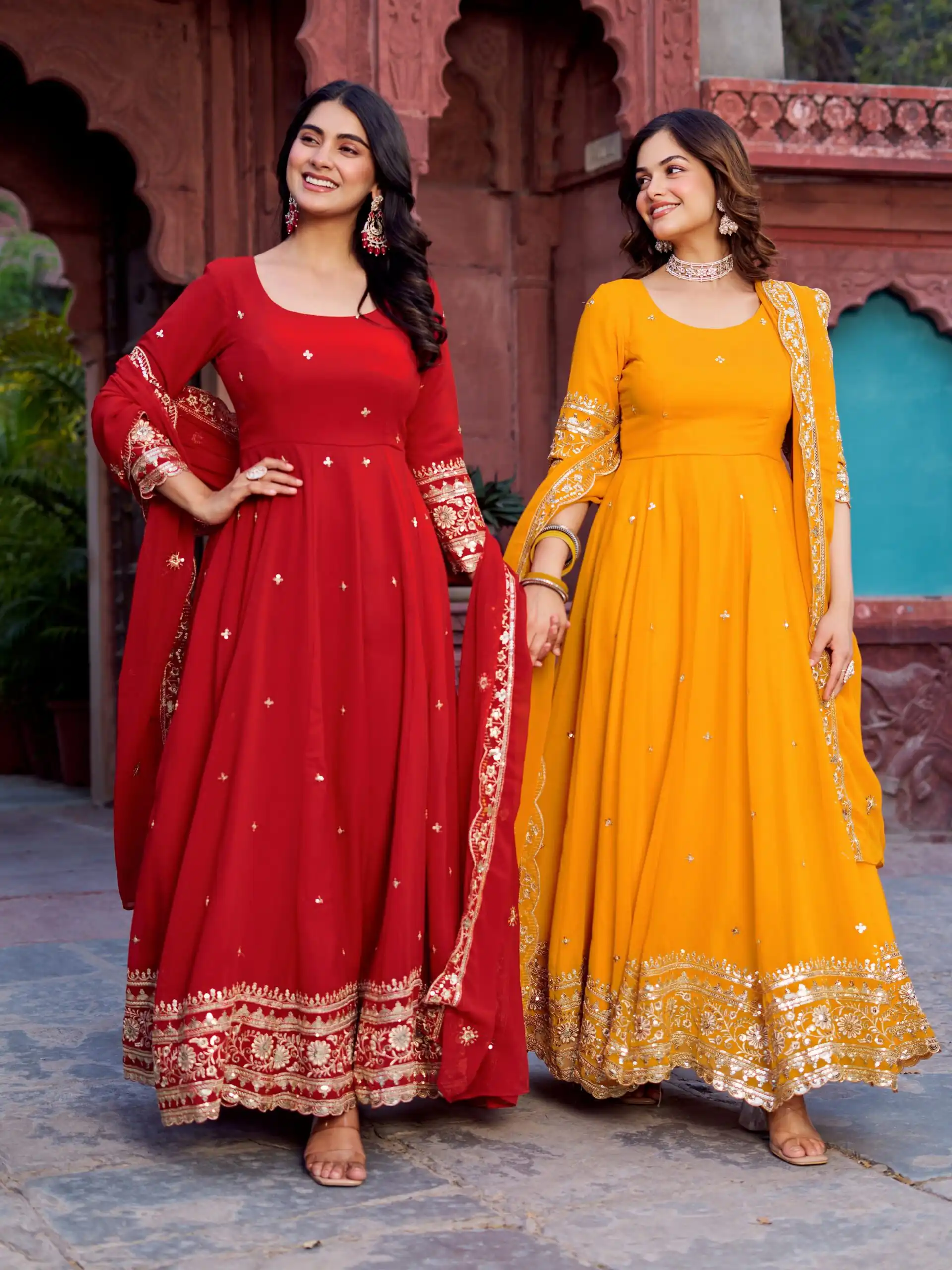 SP 23 Red Faux Georgette Gown with Mirror Work & Embroidery Work. Get it for ₹2299. Delivery 4-6 Working Days. Online Shop now. | Gowns, Bollywood Gowns, Creative Gowns, Designer Gowns, Embroidered Gowns, Party Wear Gowns