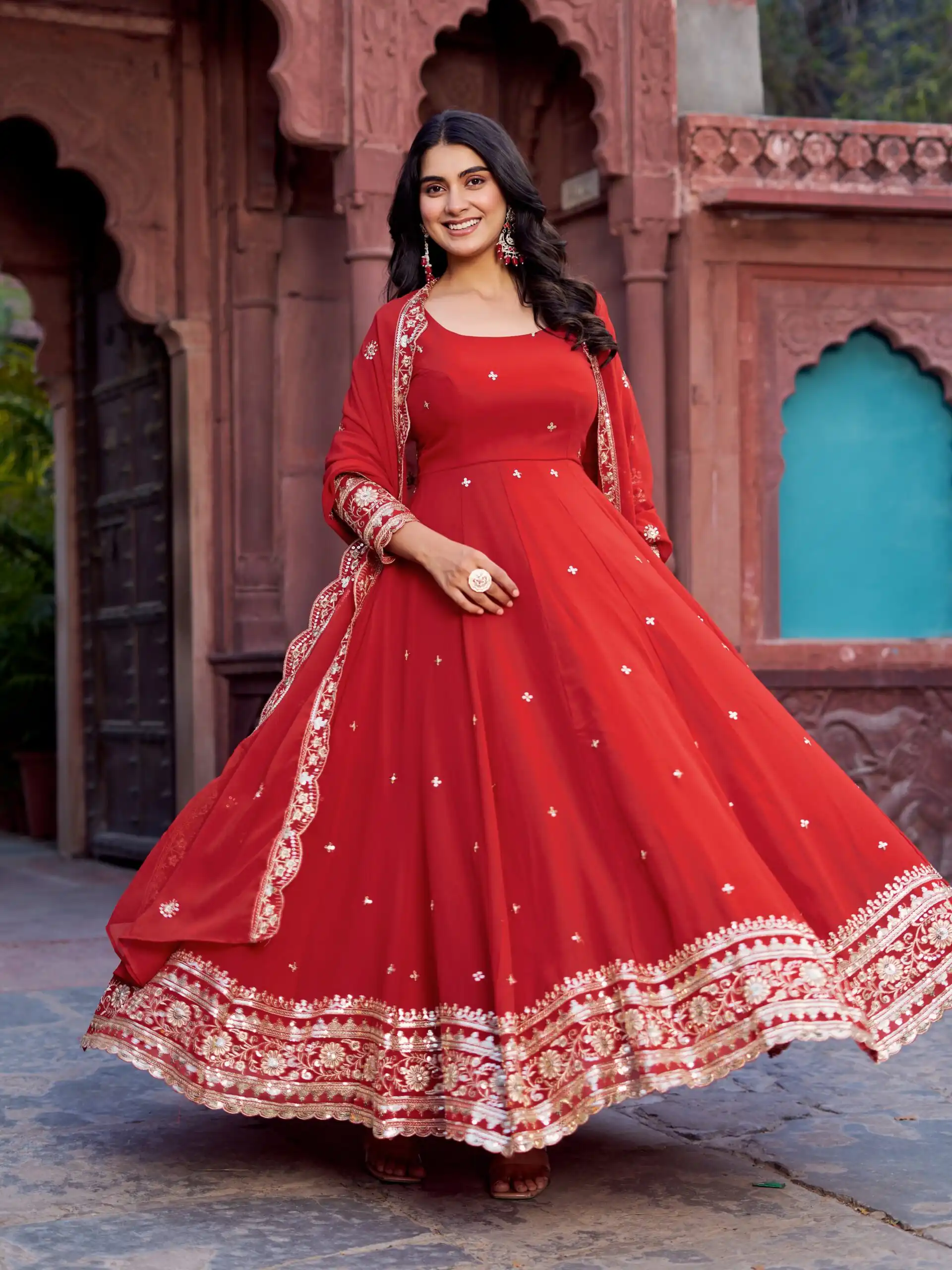 SP 23 Red Faux Georgette Gown with Mirror Work & Embroidery Work. Get it for ₹2299. Delivery 4-6 Working Days. Online Shop now. | Gowns, Bollywood Gowns, Creative Gowns, Designer Gowns, Embroidered Gowns, Party Wear Gowns